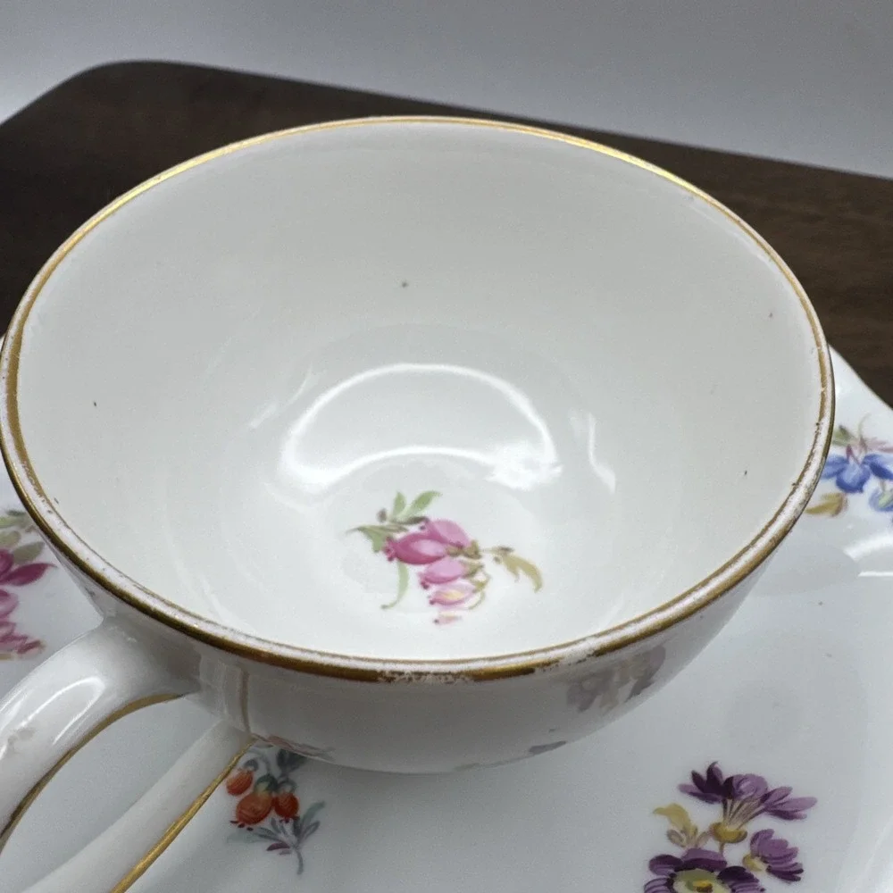 Meissen Flat Cup & Saucer Set Chinoiserie X Mark Crossed Swords Floral AS IS Vtg